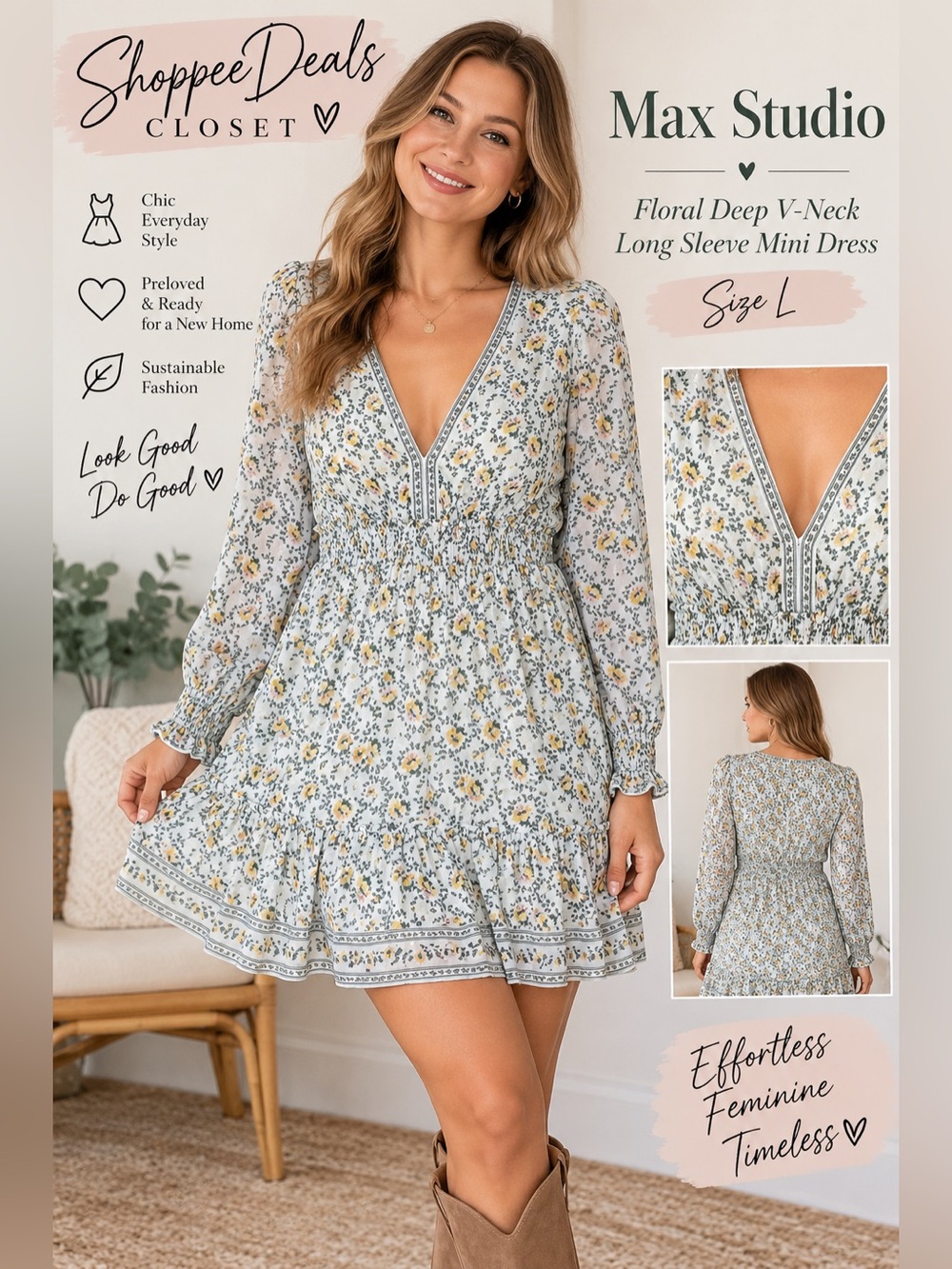 Max Studio Floral Deep V-Neck Long Sleeve Mini Dress Size L